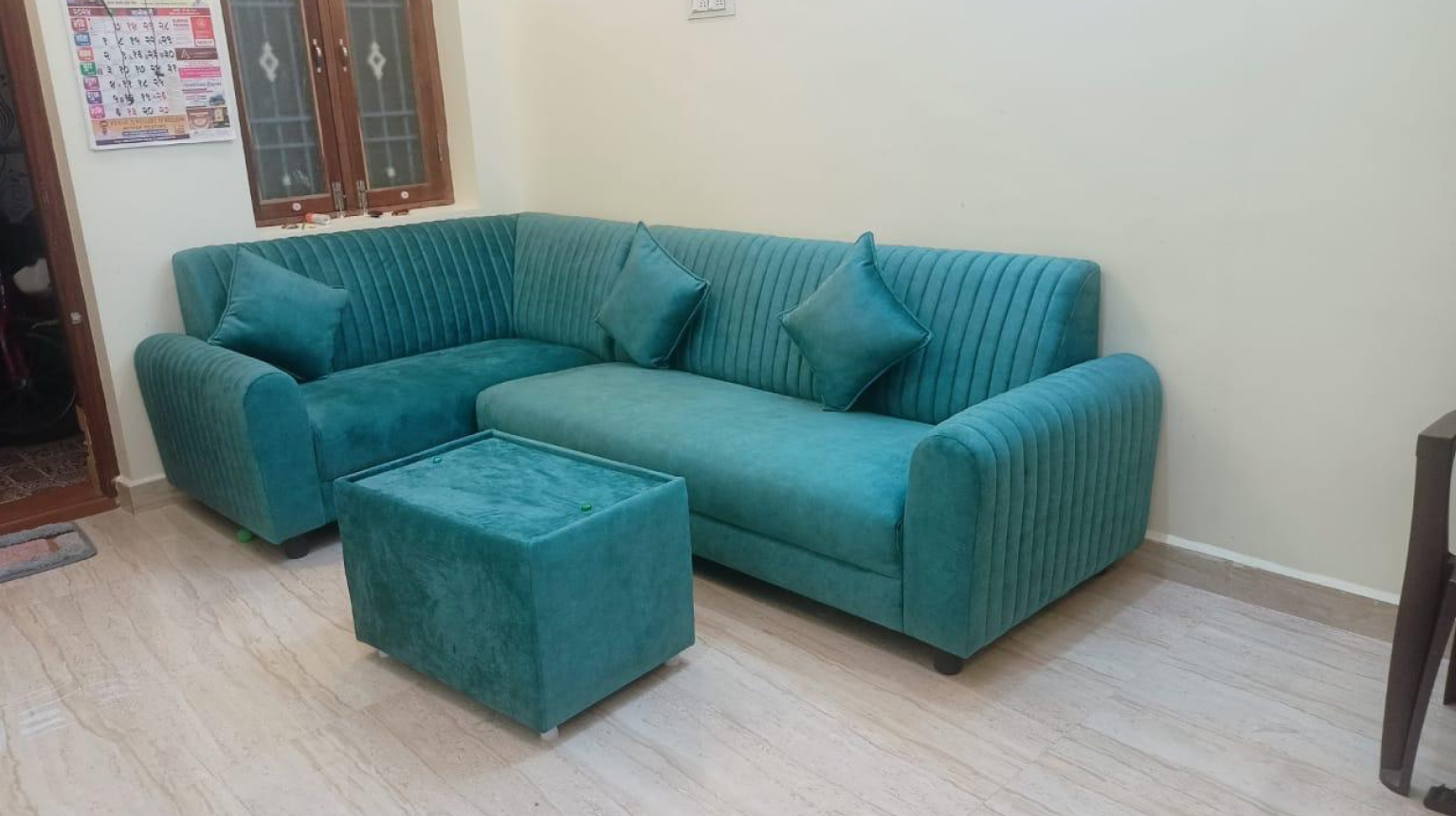 Teal Velvet L-Shaped Sofa with Ottoman